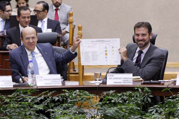 Consejero Electoral Enrique Andrade y el Consejero Presidente Lorenzo Córdova Vianello con la Boleta para votación de las Candidatas y los Candidatos a la Asamblea Constituyente. 